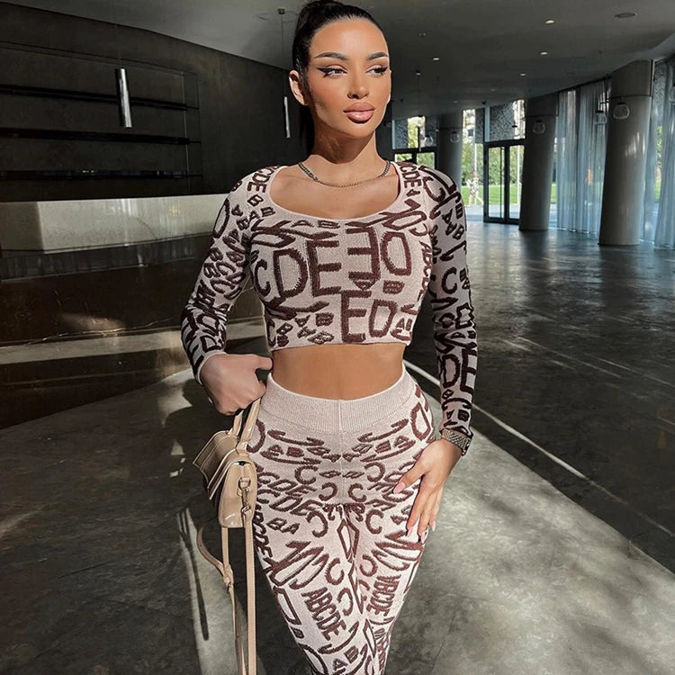 STYLISH LADY Letter Printed Sporty 2 Piece Set Women Long Sleeve Crop Top and Skinny Pant Suits 2025 Summer Sexy Street Outfits