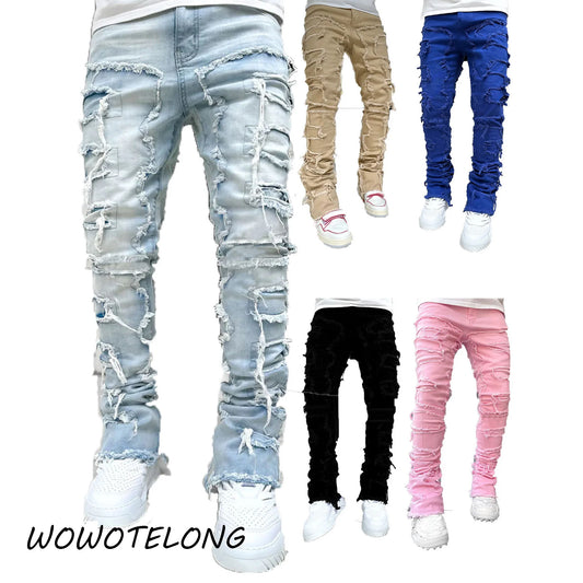 High Street White Men's Stacked Jeans Stretched Patchwork Tassel Damaged Denim Full Length Pants Hip-pop Trousers For Male 