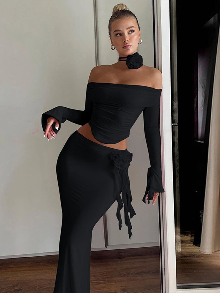 Dulzura Matching Suit Neck Accessories 3D Flower Off Shoulder Long Trumpet Sleeves Crop Top Tassel Maxi Skirt 2024 Autumn Women
