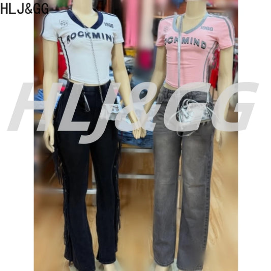 HLJ&GG Y2K American Vintage Letter Print Two Piece Sets Women V Neck Short Sleeve Slim Crop Top And Tassels Skinny Pants Outfits