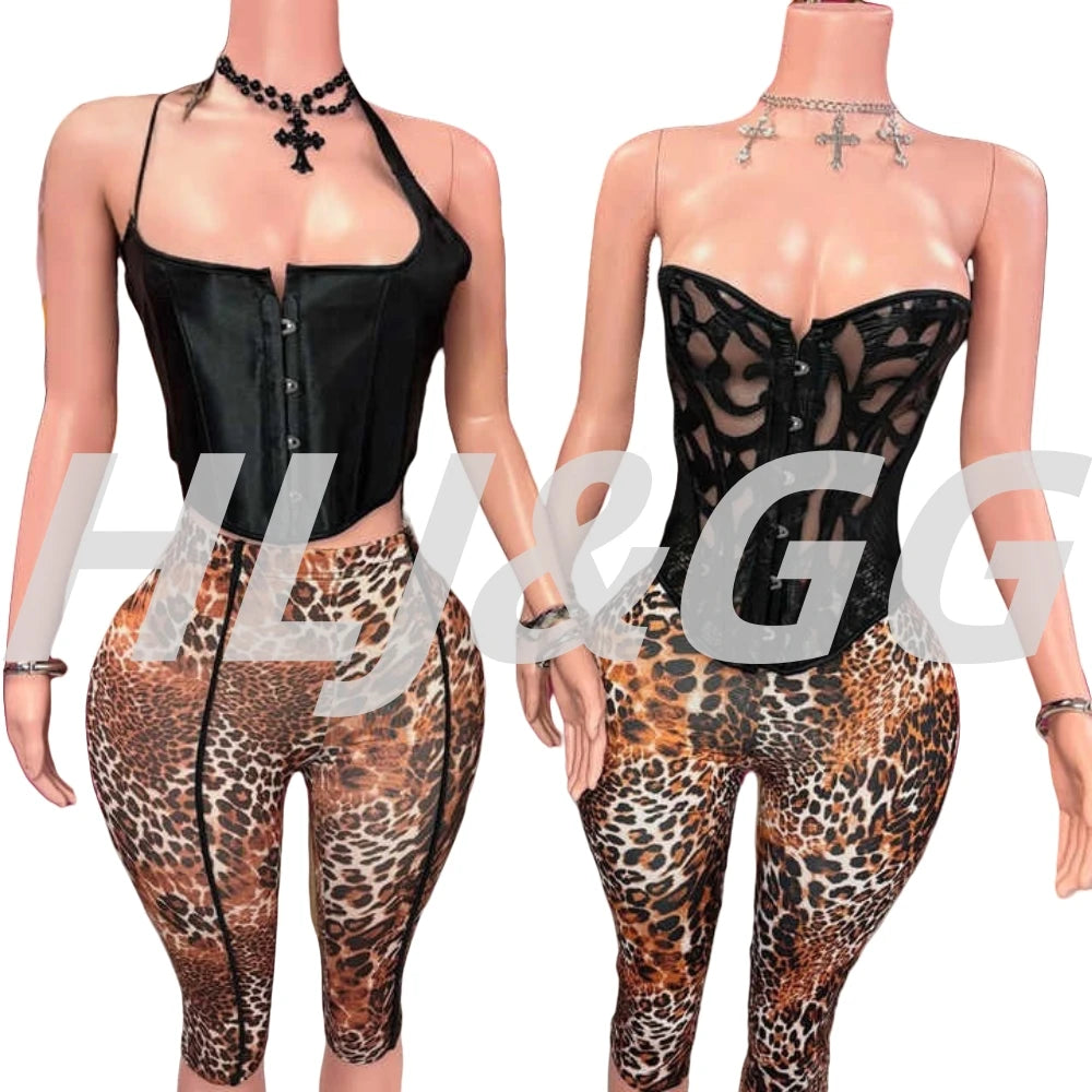 HLJ&GG Black Sexy Bandage Corse Two Piece Sets Women Sleeveless Backless Slim Top And Leopard Shorts Outfits Fashion Streetwear