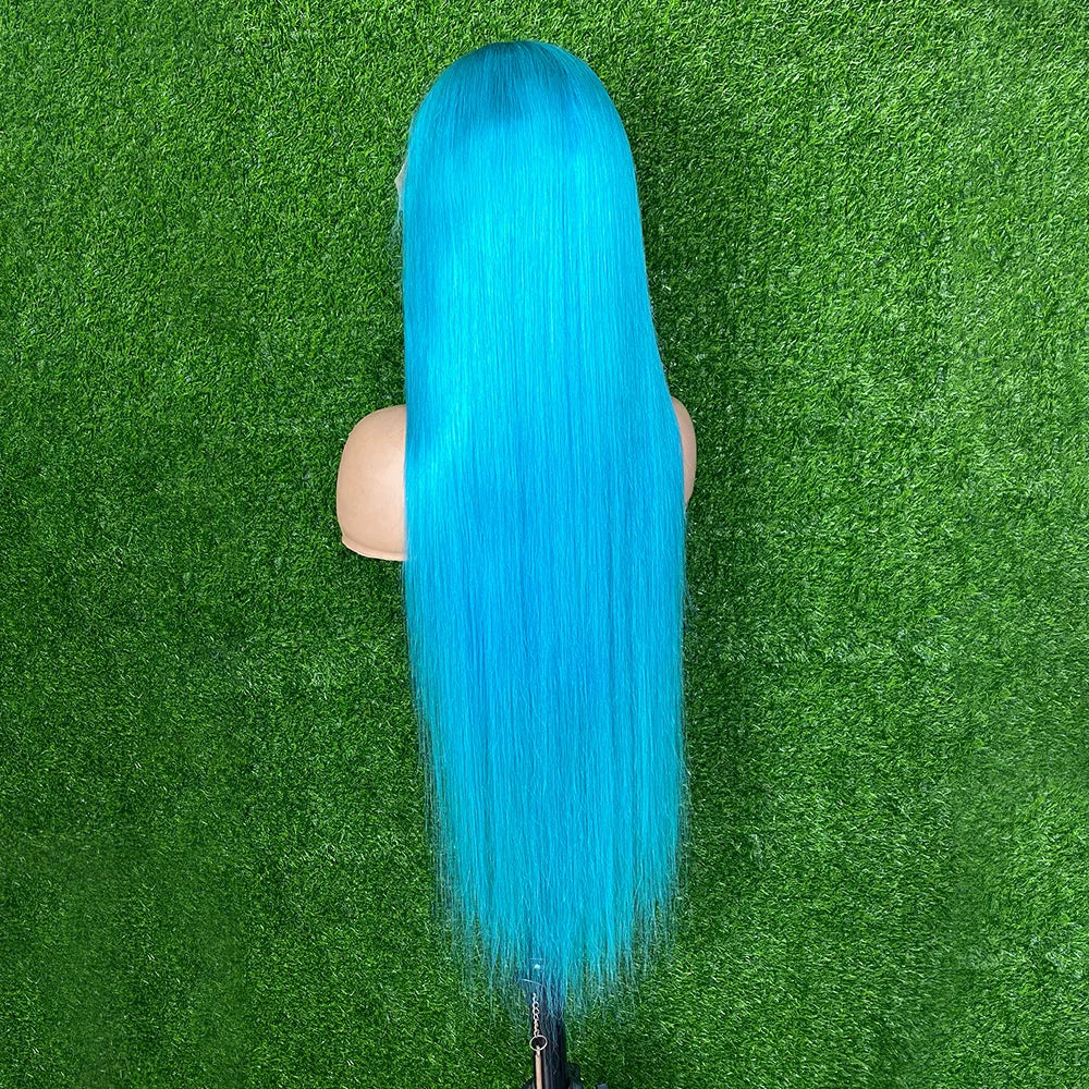 250 Density Blue Colored Straight Lace Front Real Human Hair Wigs Brazilian 13x4 13x6 Transparent Lace Frontal Wigs For Women