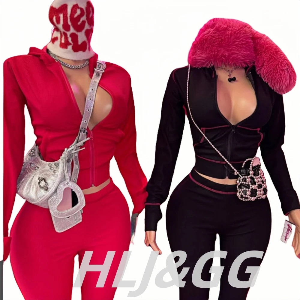 HLJ&GG Spring New Waffle Flare Pants Two Piece Sets Women Zip Hooded Long Sleeve Top + Pants Outfits Casual Sporty 2pcs Clothing