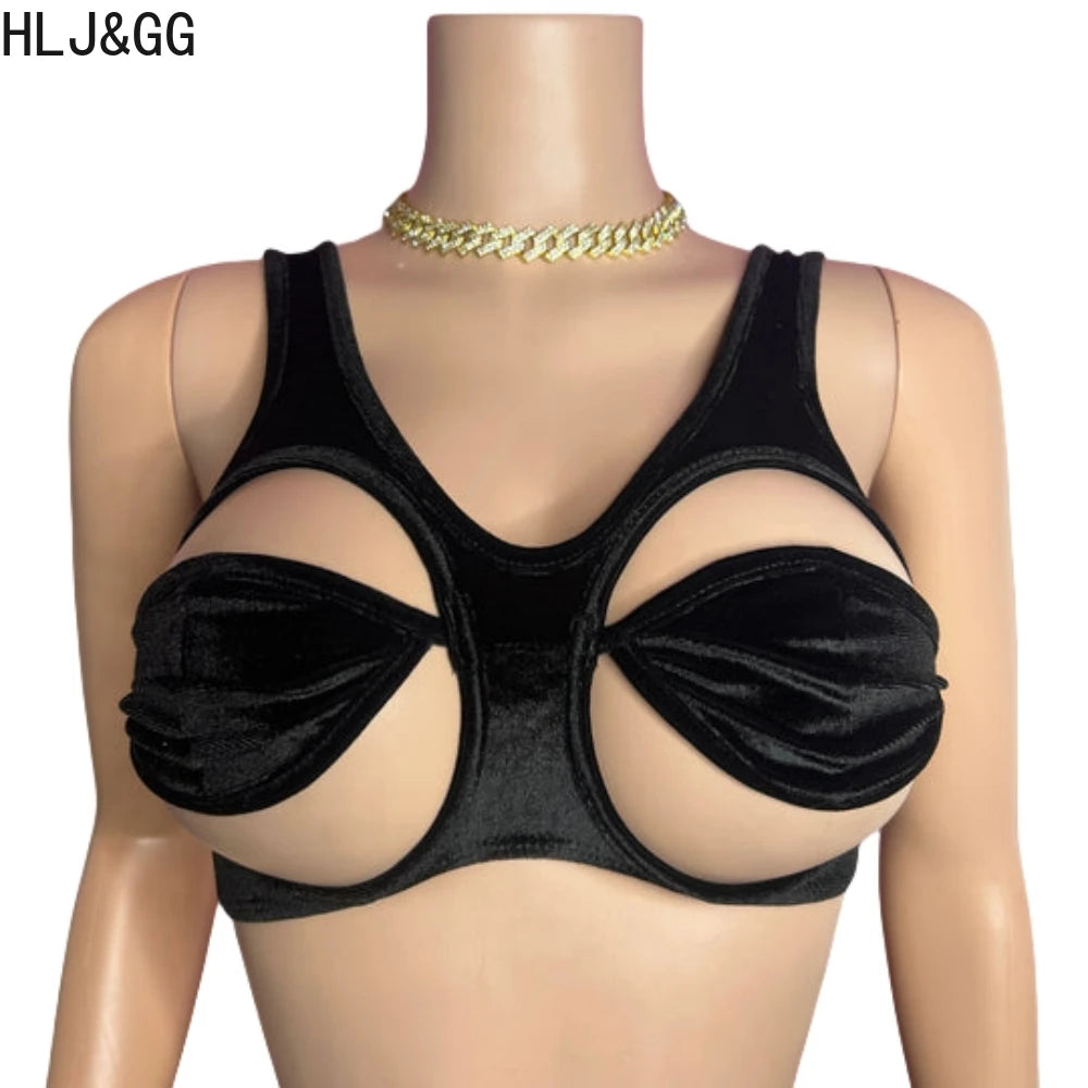HLJ&GG Sexy Hollow Out Backless Slim Tank Top Women Round Neck Sleeveless Crop Vests Black Fashion Solid Nightclub Clothing 2025