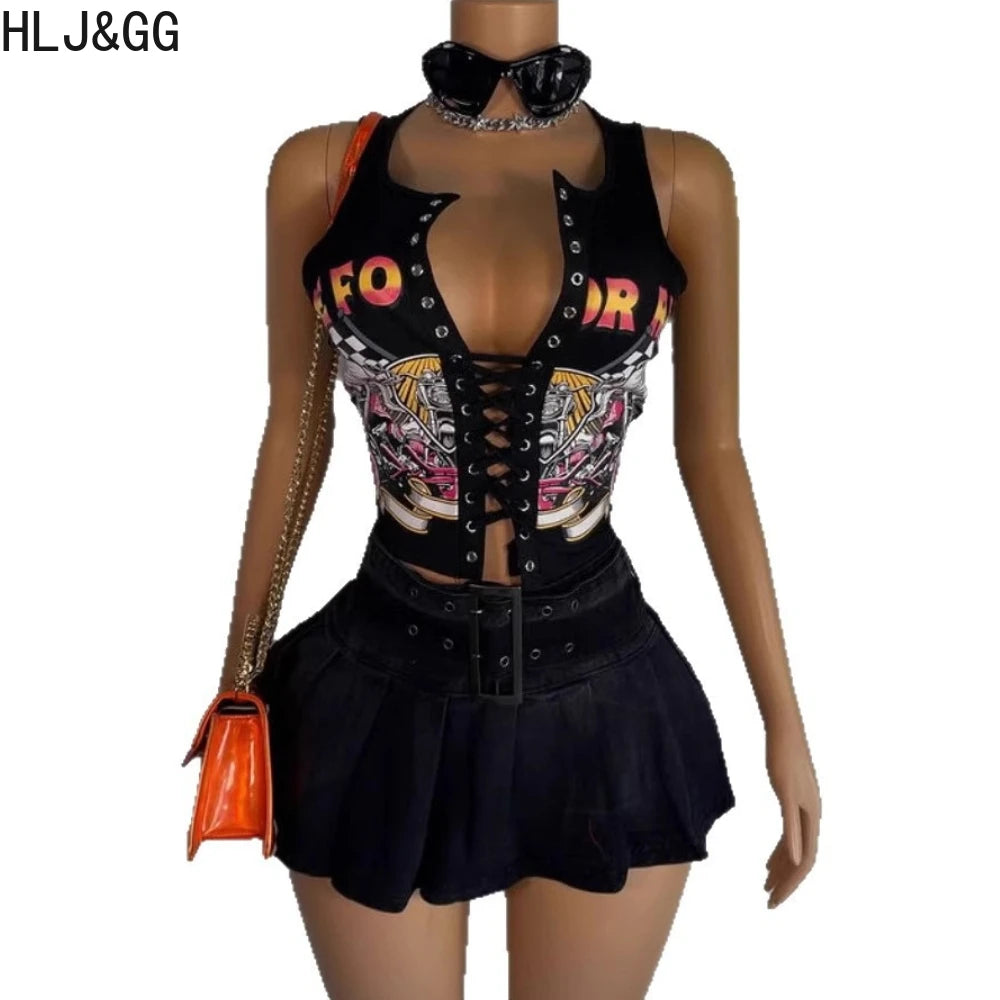 HLJ&GG Black Sexy Hot Girl Hollow Bandage Two Piece Sets Women Deep V Sleeveless Tank Top+Pleated Mini Skirts Outfits Streetwear