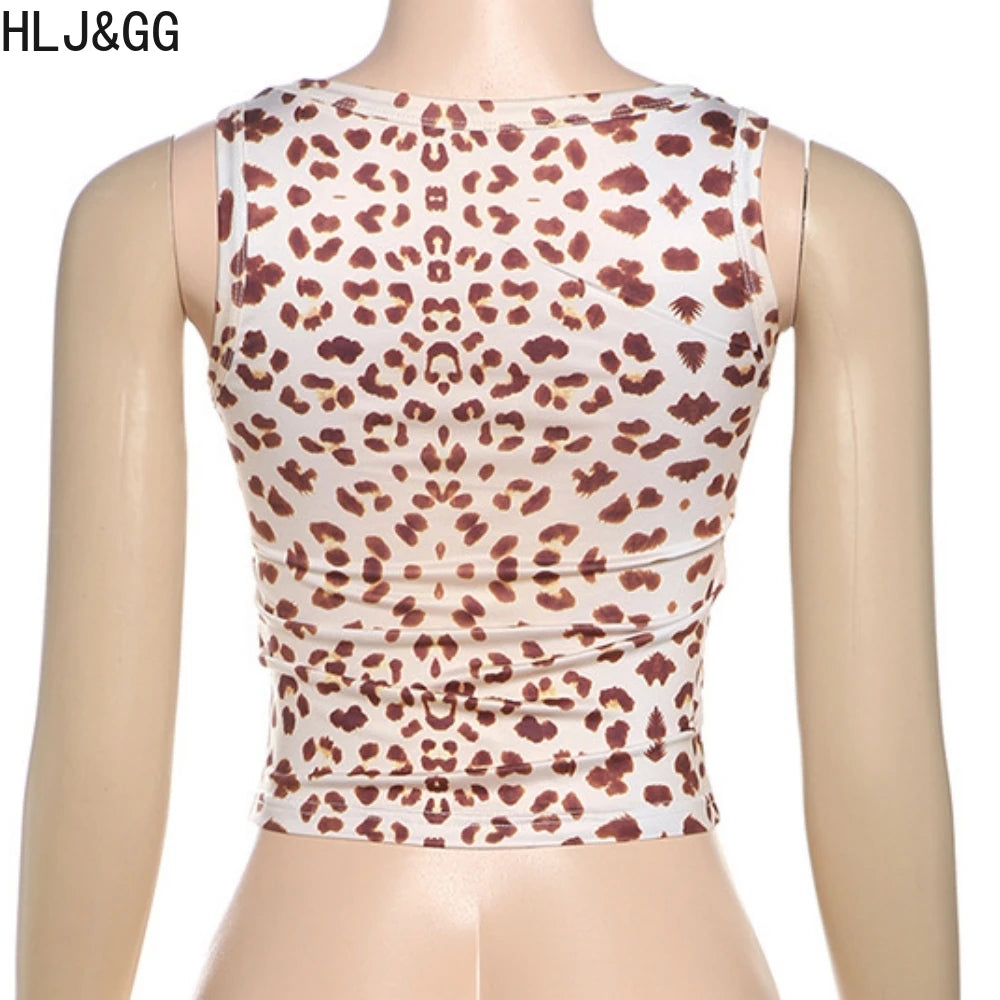 HLJ&GG Summer New Leopard Print Bow Bodycon One Piece Rompers Women Hollow Out Halter Backless Slim Jumpsuits Fashion Streetwear