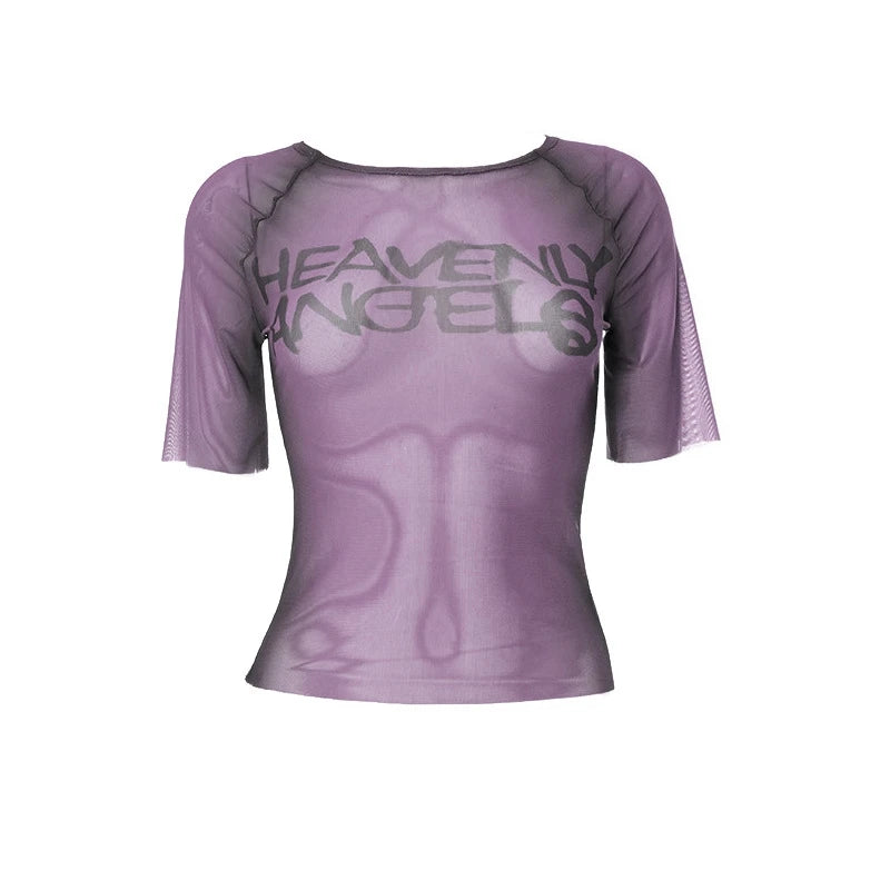 STYLISH LADY Letter Printed Mesh T Shirts 2025 Summer Women Short Sleeve O Neck See Through Sexy Club Party Street Tops Tees