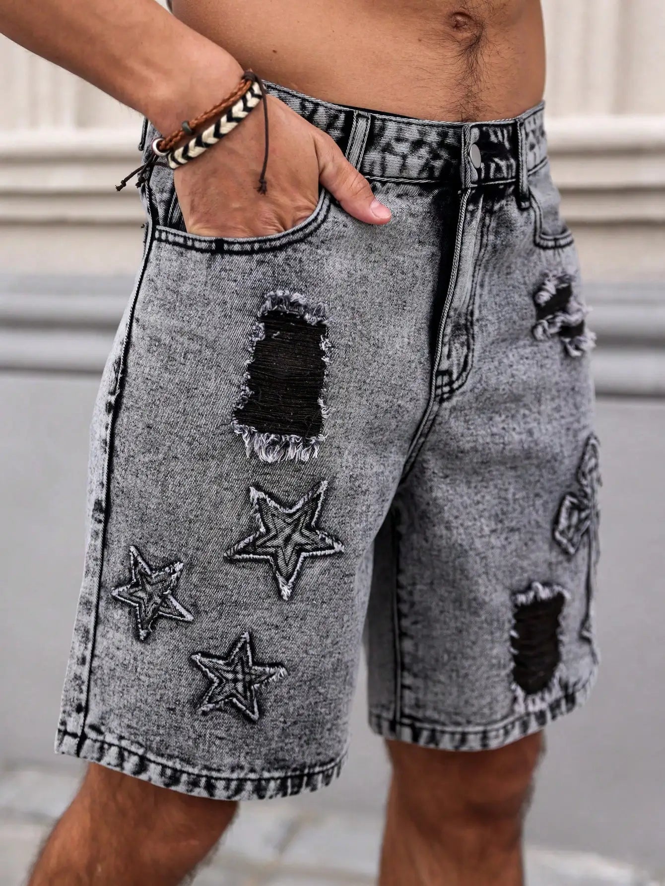 Summer Denim Shorts. Straight-leg fit. Ripped design. Dark gray denim embroidered shorts, men's jeans