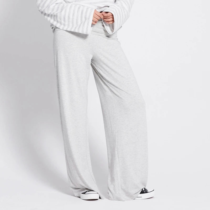 Women Casual Fold‑Over Waist Flare Pants Solid Stretchy Wide Leg Bell Trousers Daily Wear Lounge Y2K Loose Fit Sweat Pants