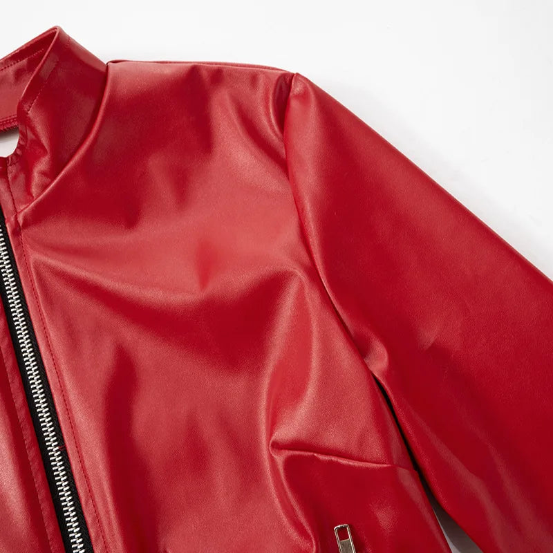 HLJ&GG Red Fashion Leather Puffy Mini Skirts Two Piece Sets Women Zip Long Sleeve Jacket And Skirts Outfit Y2K Female Streetwear
