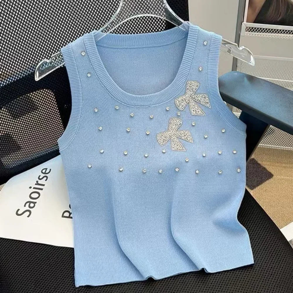 HLJ&GG Fashion Rhinestone Knit Tank Top Two Piece Sets Women Round Neck Sleeveless Crop Vest And Lace Ruffle Mini Skirts Outfits