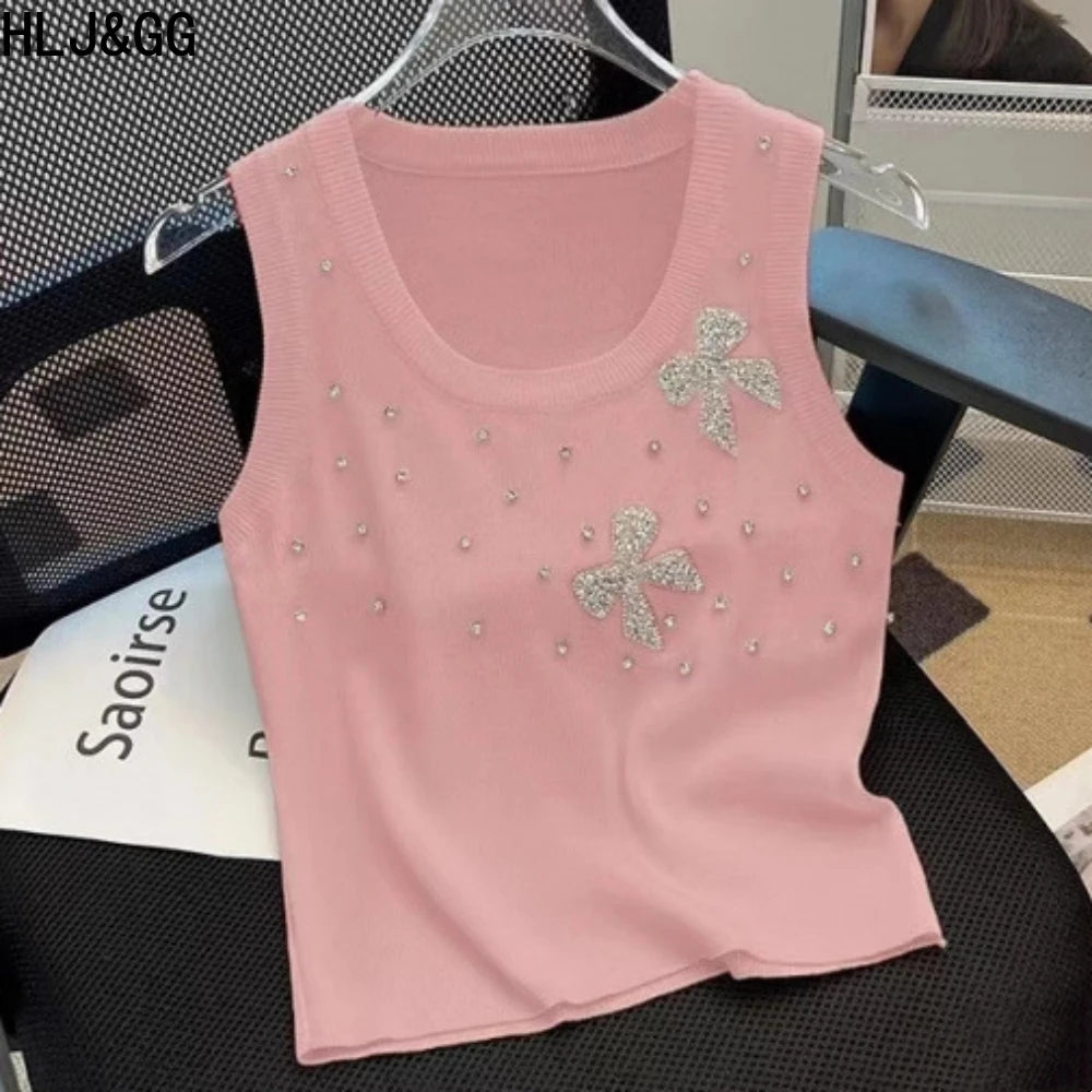 HLJ&GG Fashion Rhinestone Knit Tank Top Two Piece Sets Women Round Neck Sleeveless Crop Vest And Lace Ruffle Mini Skirts Outfits