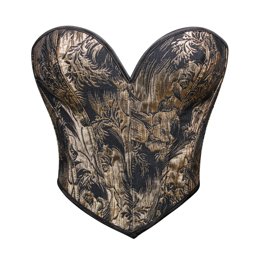 Sexy Women Overbust Corsets Crop Tops Golden Printed Bustiers Lace Up Body Shaper Lingerie Gothic Corselet
