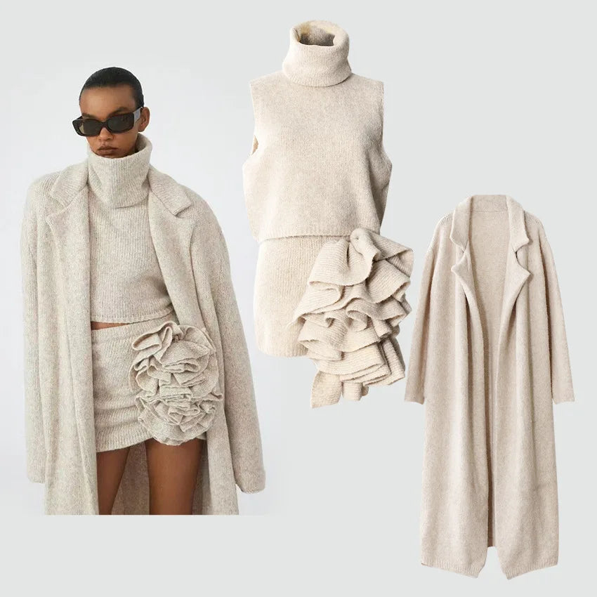 ZMEENNA Stand Collar Sleeveless Swerater Long Sleeve Coats Patchwork 3D Flower Skirt 3 Pieces Sets For Women 2025 Spring ZM545