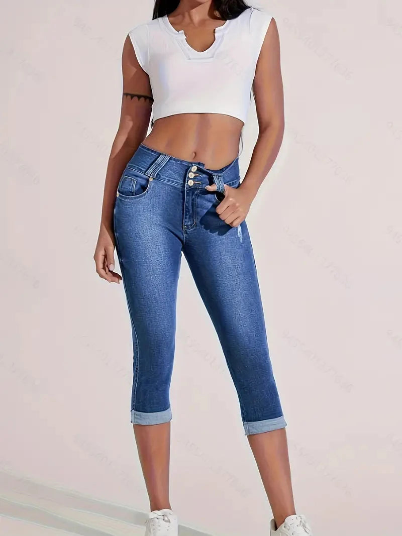Ladies Jeans Plus-size tight capri pants High Waisted Rolled Hem Double Button Fly Trendy Casual Summer Essential