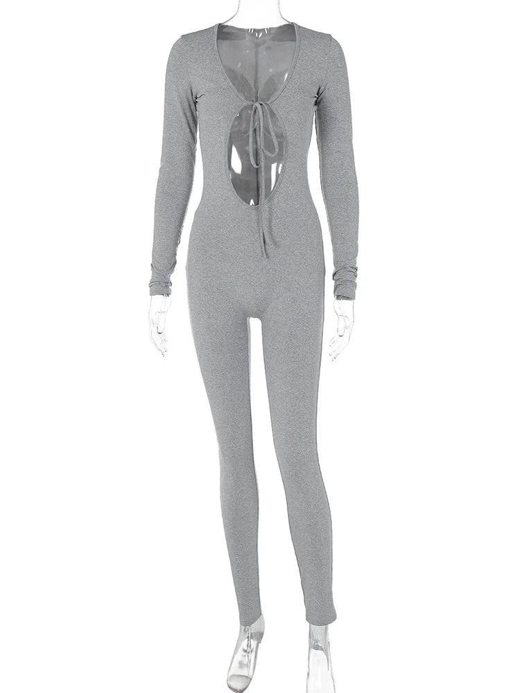 Dulzura Solid Pure Hole Hollow Out Straps Lace-Up Jumpsuit Long Sleeves 2023 Summer Autumn For Women Sexy Streetwear Wholesale