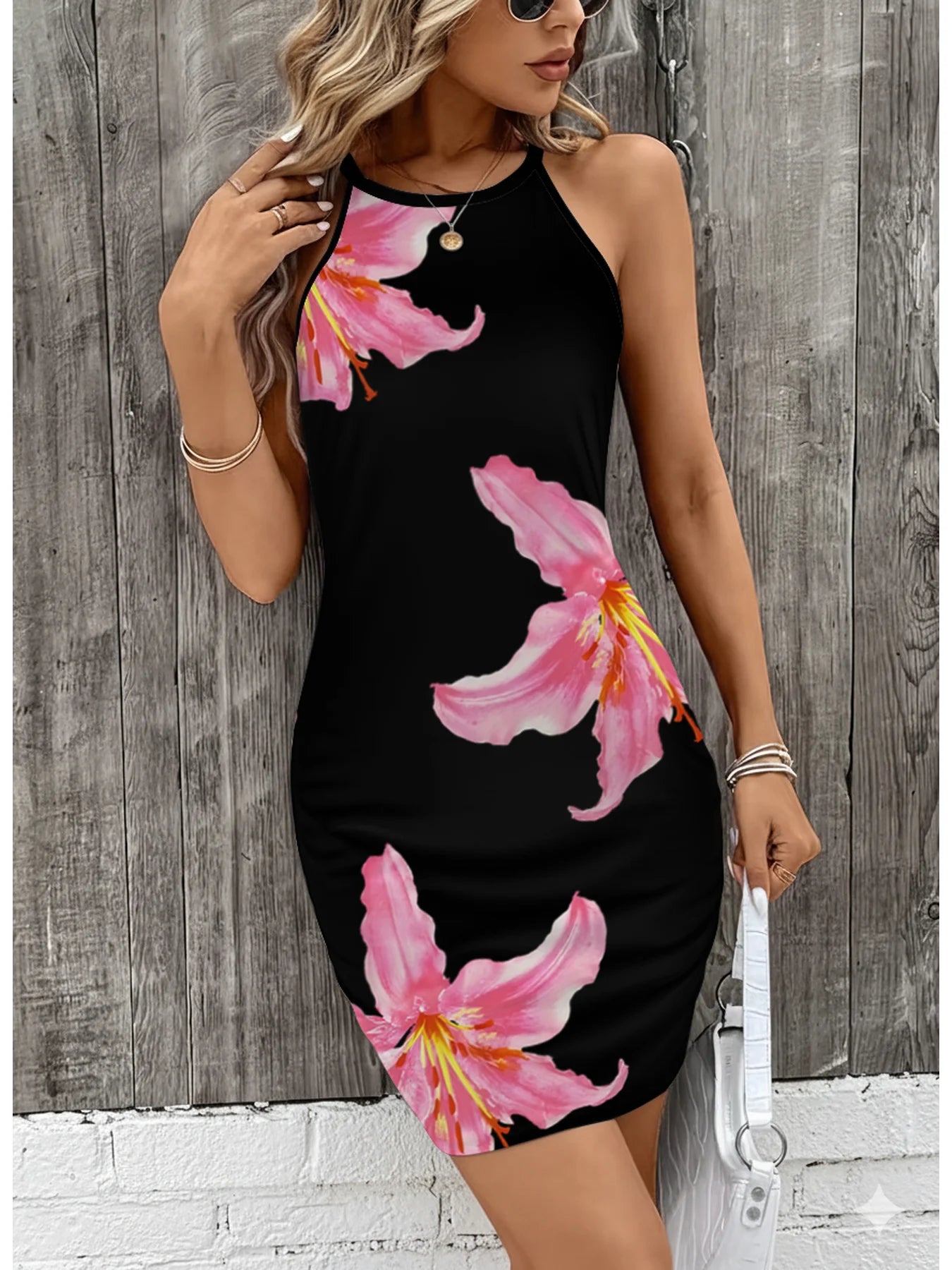 Women's Floral Print Camisole Dress Casual Summer Elegance round Neck Sleeveless Mid-Length Skirt