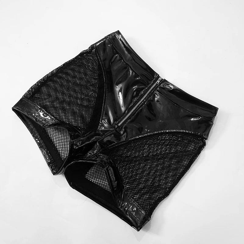 Weird Puss PU Patchwork Sexy 2 Piece Set Women Autumn Hipster Full Zip Crop Jacket+Shorts Matching Clubwear Midnight Outfits