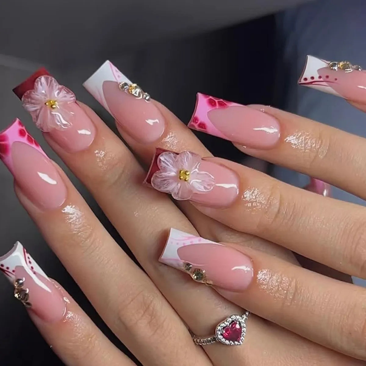 24pcs Long Ballet French Press on Nails with Cute Pink Bow Shiny Diamond Decor False Nail Tips Wearable Sweet Korean Fake Nails