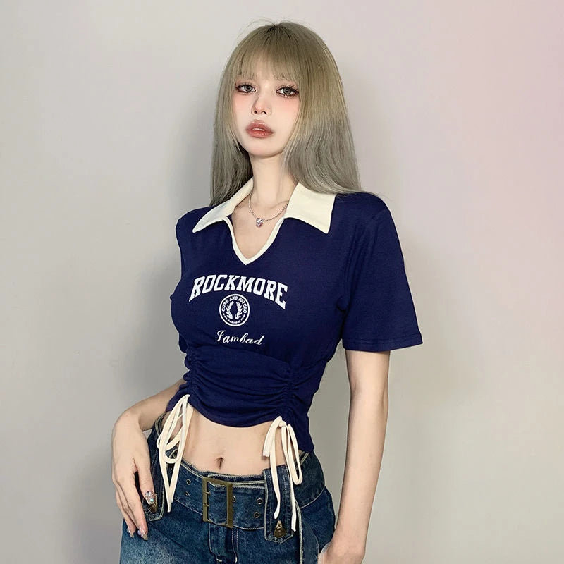 Women Designer Sweet Spicy Style Clothes Lady Drawstring Tie Up Crop Tops Female Turndown Collar Graphic Short Sleeved T-shirts