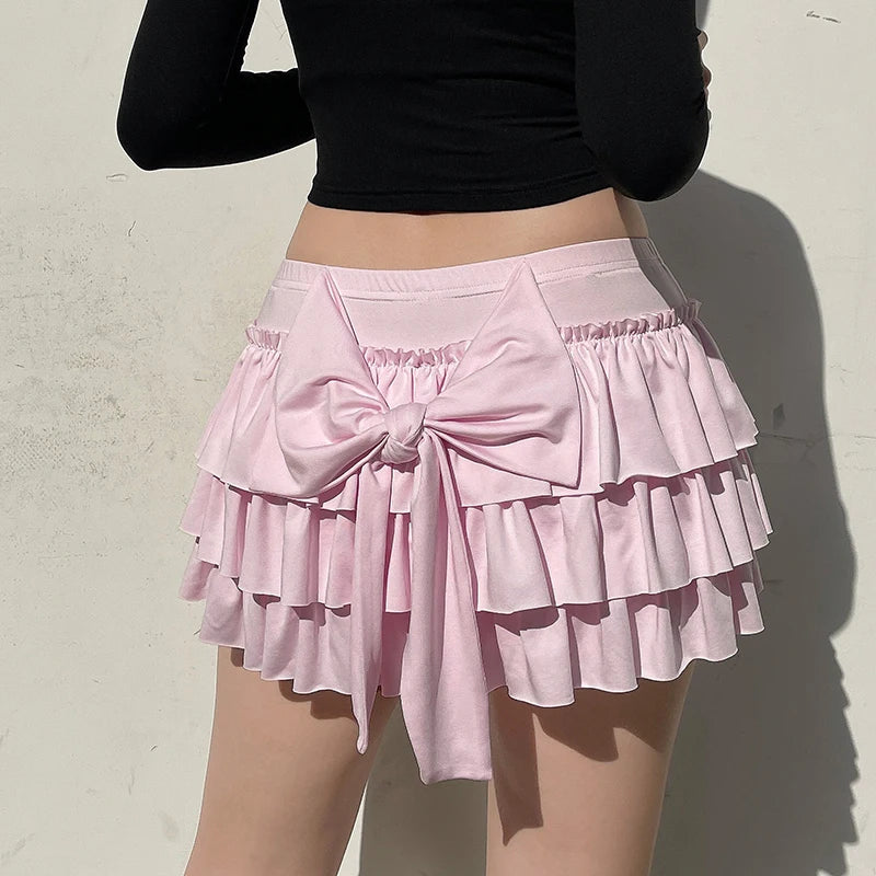 Rockmore Bow Sweet A-Line Skirts Women Sexy Slim Low-Waist Mini Skirts Y2K Female Summer Streetwear Pink Pleated Skirts Coqutte