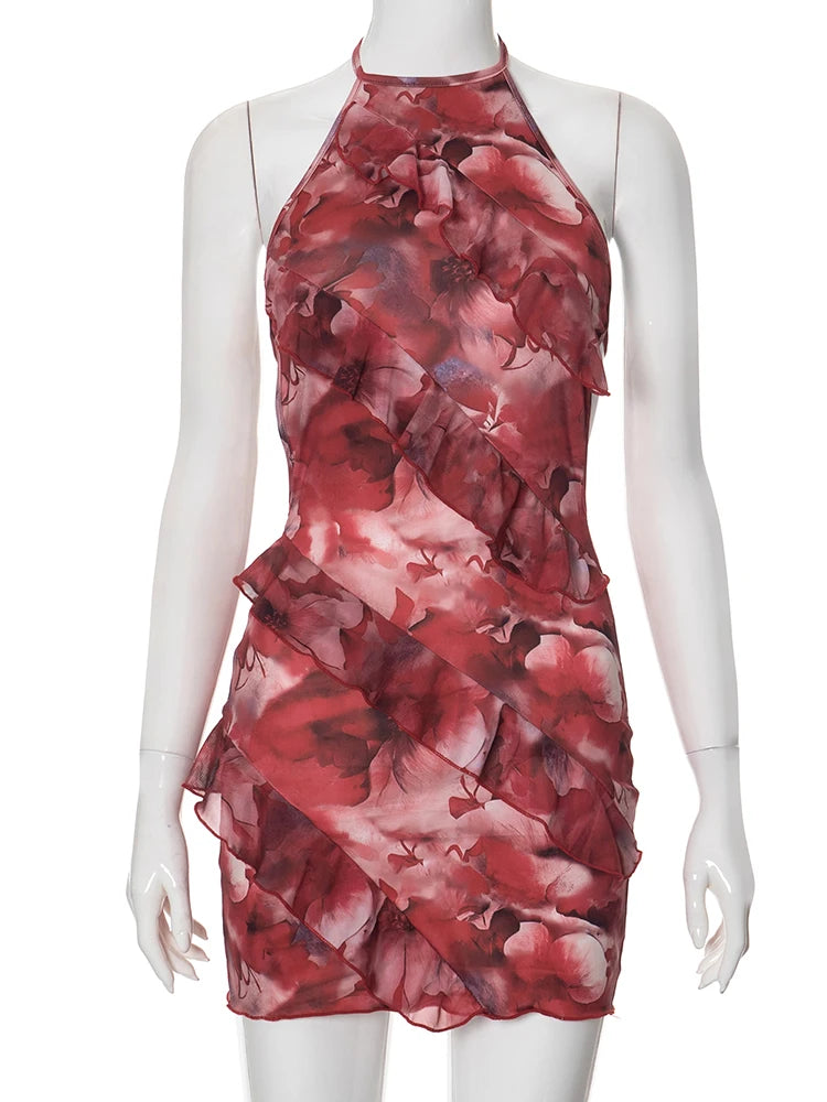 Weird Puss Multilayer Ruffles Dress Women Y2K Backless Halter Tie-Dye Flowers Sleeveless Sexy Stretch Elegant Clubwear Bodycon