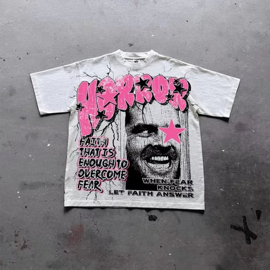 Shining Faith Over Fear Graphics Print Cotton T-Shirt Men Y2K Summer Short Sleeves Vintage Oversize Tshirt Streetwear Women Tops