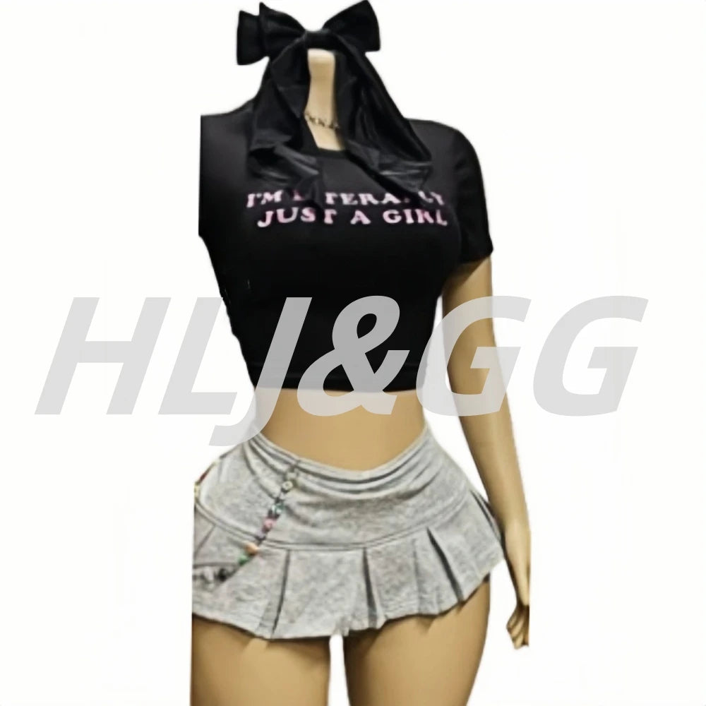 HLJ&GG Y2K Fashion Letter Print Two Piece Sets Women Round Neck Short Sleeve Slim Crop Top + Pleated Mini Skirts Outfits 2025