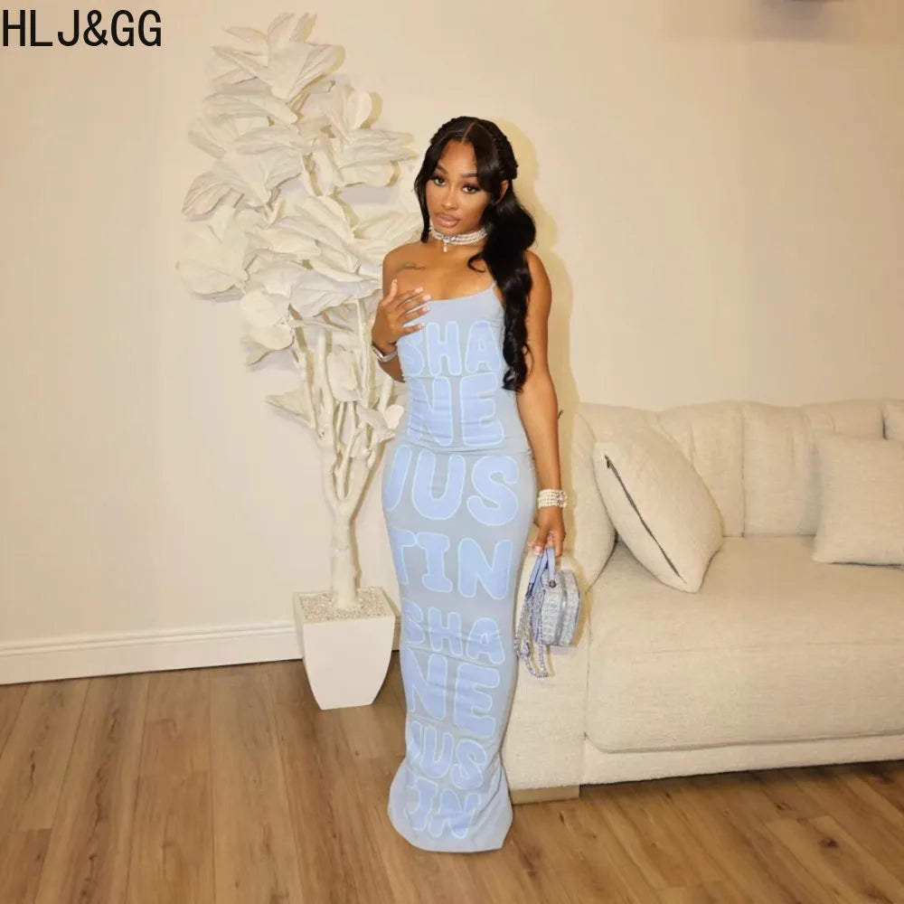 HLJ&GG Summer New Letter Print Bodycon Spaghetti Strap Long Dresses Women Sleeveless Backless Slim Vestidos Fashion Streetwear