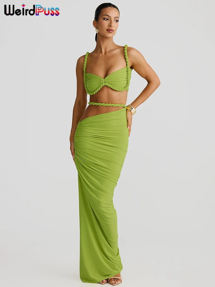Weird Puss Square Collar 2 Piece Set Women Bra+Skinny Long Skirts Bandage Ruched 2025 Summer Vacation Beach Party Trend Suits