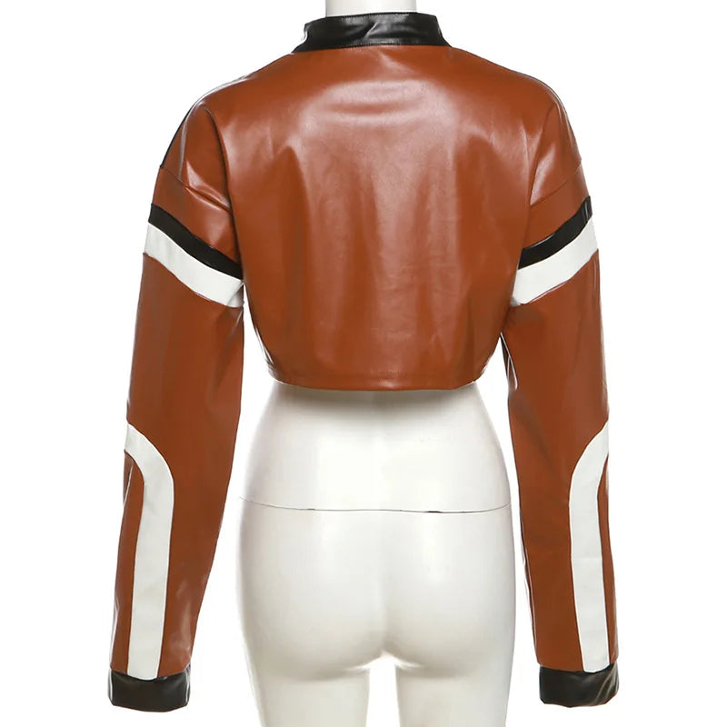 HLJ&GG Fashion Y2K Leather Jacket 3 Piece Sets Women Letter Print Zipper Long Sleeve Crop Top+Bodysuits+Shorts Outfit Streetwear