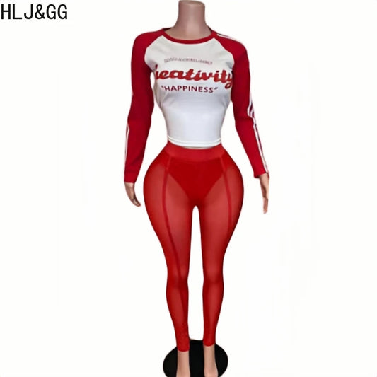 HLJ&GG Retro American Letter Printing Two Piece Sets Women Round Neck Long Sleeve Top And Mesh See Though Pants Outfits 2025 New