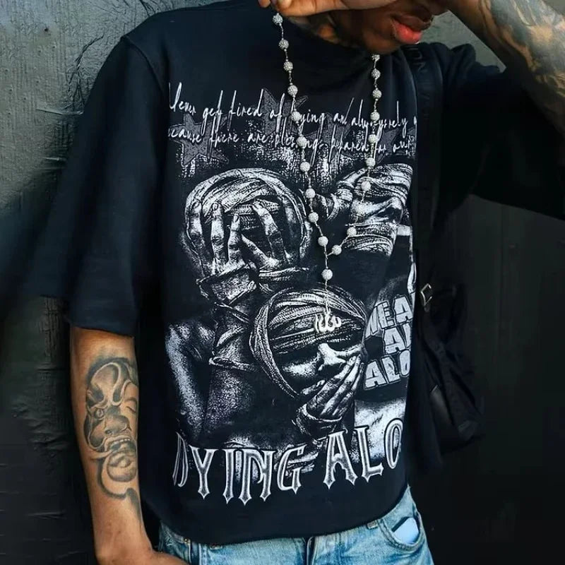 We Are All Alone Abstract Human Face Graphics Printed Cotton T-Shirt Men Y2K Short Sleeves Oversize Tshirt Streetwear Women Tops