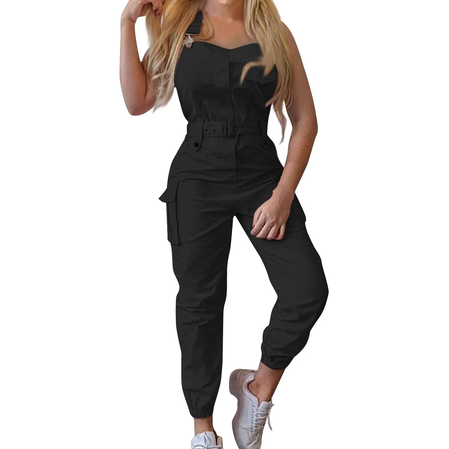 Lady's Fashion Clasp Pocket Cargo Romper Jumpsuits, Casual Jumpsuit Summer