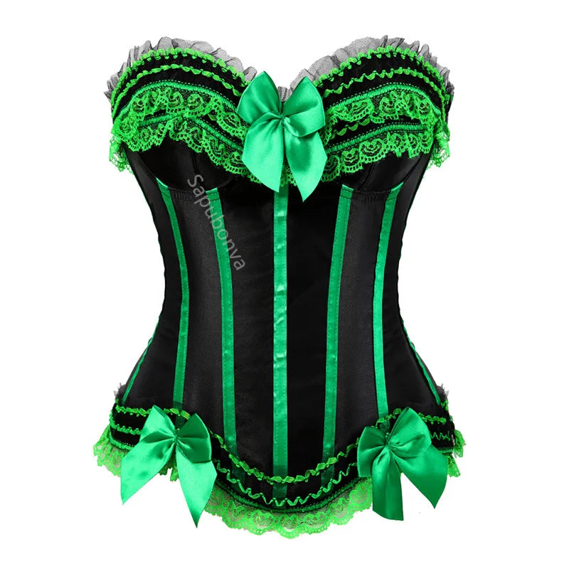Sapubonva Lace up corsets bustiers top sexy satin overbust corset striped ladies satin halloween big size red black pink korsett