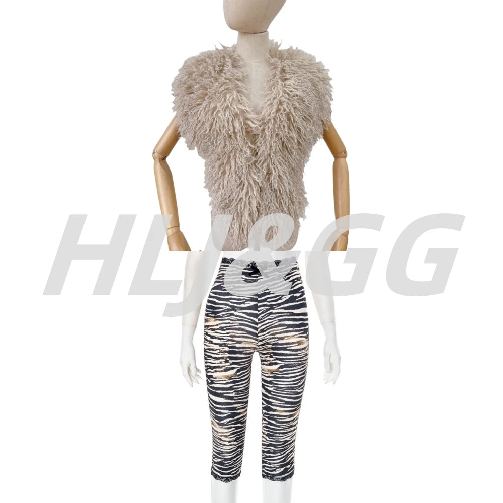 HLJ&GG Fashion Hot Girl Fur Feather Halter Top Two Piece Sets Women Sleeveless Backless Slim Waistcoat And Leopard Shorts Outfit