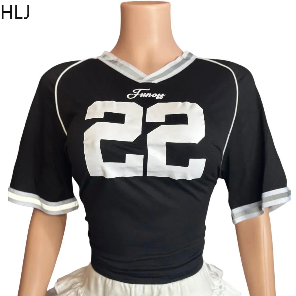 HLJ&GG Black Fashion Basketaball Tshirt Two Piece Sets Women V Neck Short Sleeve Top+Mini Bow Ruched Skirts Outfits Streetwear