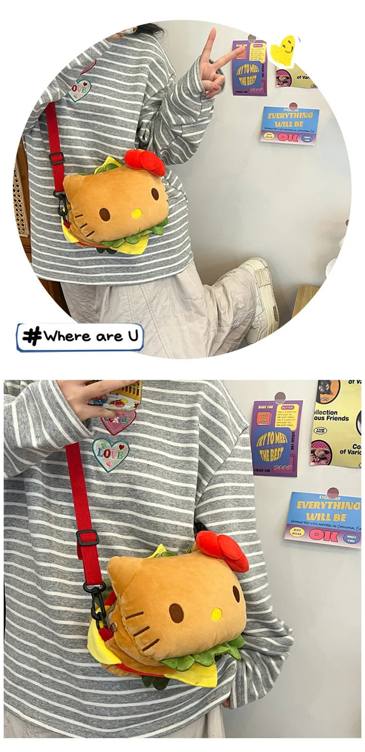 Hello Kitty Kawaii Hamburger Plush Mini Crossbody Bag Adorable Shoulder Purse for Teen Girls Kawaii Fashion Shoulder Bagfor Girl