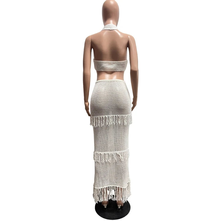 STYLISH LADY Tassel Crochet 2 Piece Set Women Halter Backless Crop Top and Maxi Skirts Suits 2025 Summer Sexy Beach Outfits