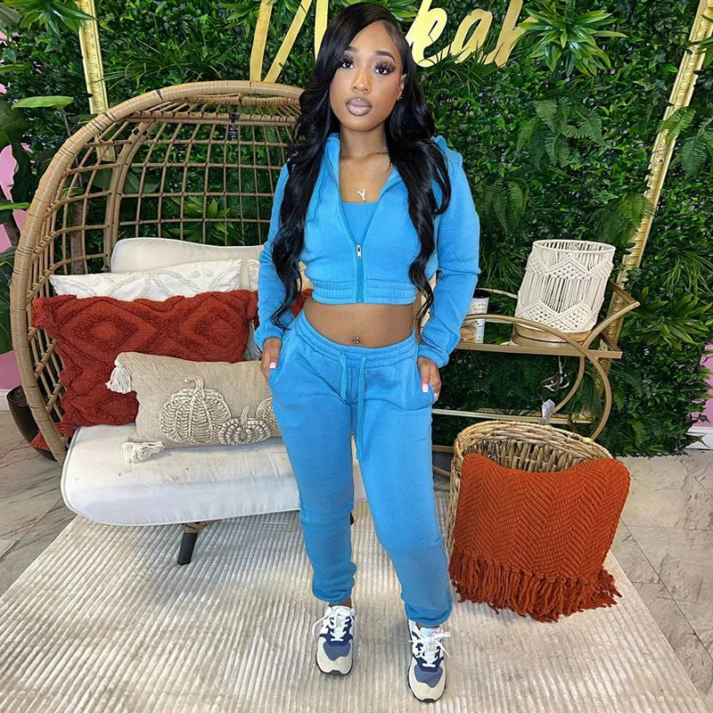 STYLISH LADY Fleece Sporty 3 Piece Set Women Outfits 2025 Spring Crop Top and Drawstring Pant Suits Casual Workout Tracksuits