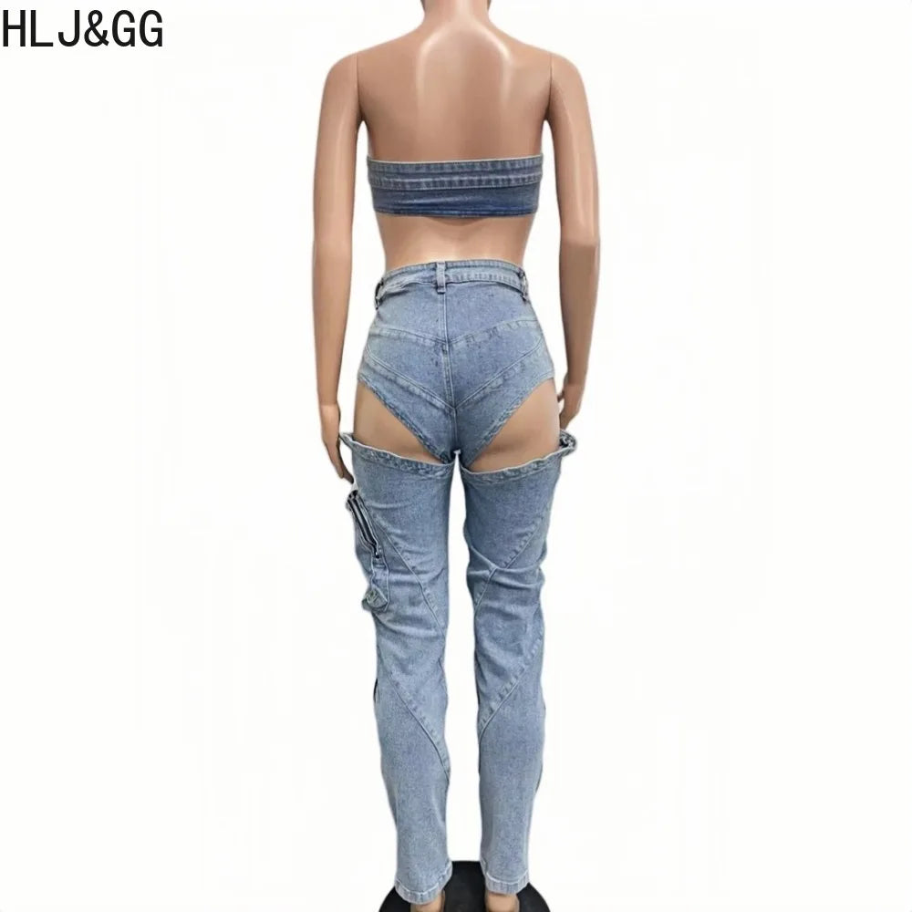 HLJ&GG Sexy Denim Sleveless Hollow Out 2 Piece Sets Outfit Women Bikini Tops And Cargo Jean Pants Suits 2025 Cowboy Streetwear