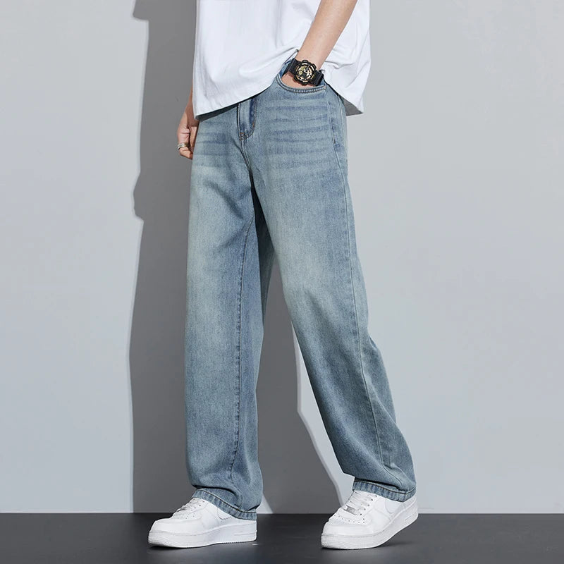 2025 Spring/Summer New Men's Lyocell Loose Jeans Summer Thin Breathable Straight denim Retro Business Casual Fashion Korean M