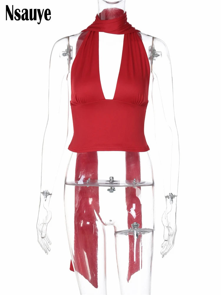Nsauye Women Casual Clothes Halter Mini Skinny Low Cut Out Vest Tank Tops 2025 Summer Fashion Sexy Club Sleeveless Y2K Crop Tops