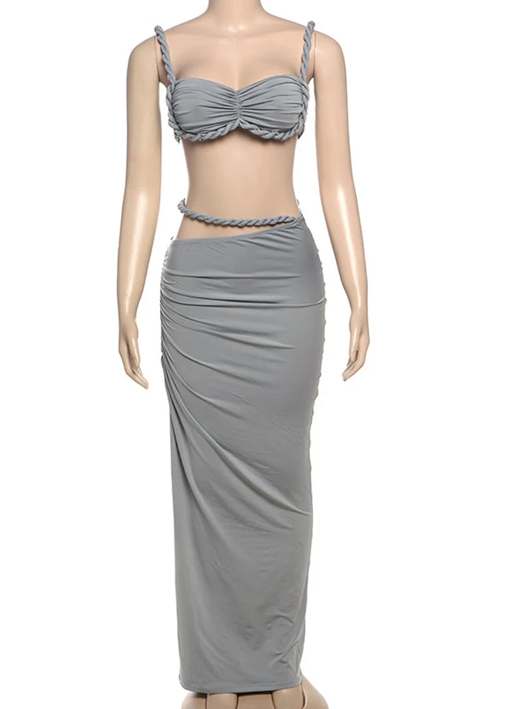 Kricesseen Women's Spaghetti Straps Tube Top And Matching Skirt Set Summer Bandage Two-Piece Dress Night Clubwear Vestidos
