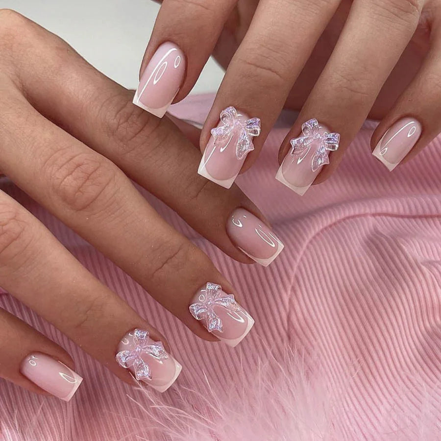 White French Press on Nails 3D Bowknot Fake Nails Tips Full Cover Wearable False Nails for Women and Girls DIY 24Pcs