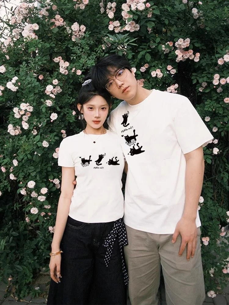 2025 New Design Cute Cats Couple Set Graphic T-shirt Summer Fashion Streetwear Cotton Tee Causal Fit Hot Selling