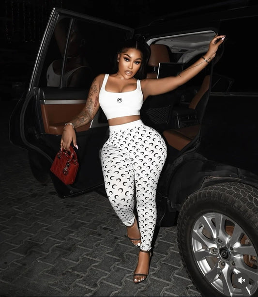 Moon Print Crop Top & Skinny Pants Set — Women's Fitness