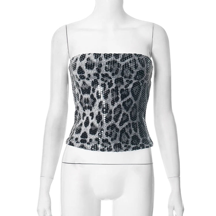 STYLISH LADY Sparkly Sequined Leopard Printed Crop Top 2025 Summer Women Strapless Zipper Slim Sexy Club Party Street Tops Tees