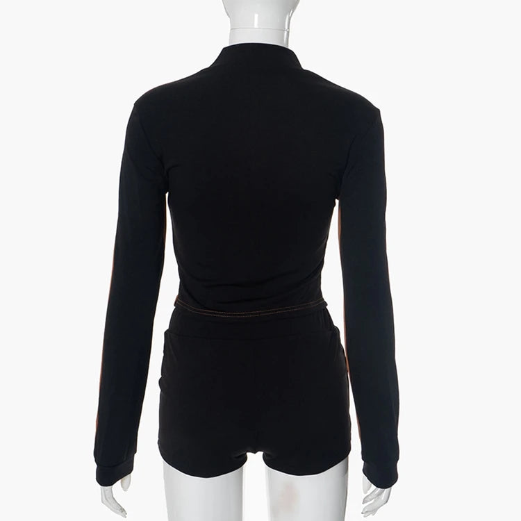 STYLISH LADY Contrast Color Sporty 2 Piece Set Women Long Sleeve Zipper Crop Top and Drawstring Short Suits 2025 Workout Outfits