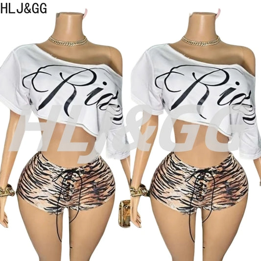 HLJ&GG Y2K Fashion Letter One Shoulder Crop Top Two Piece Sets Women Loose Tshirts And Tiger Shorts Outfits Summer Streetwear